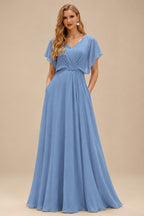 Rutipo Dusty Blue A-line One-Shoulder Velvet Sequins Floor-Length Prom Dress with Pockets