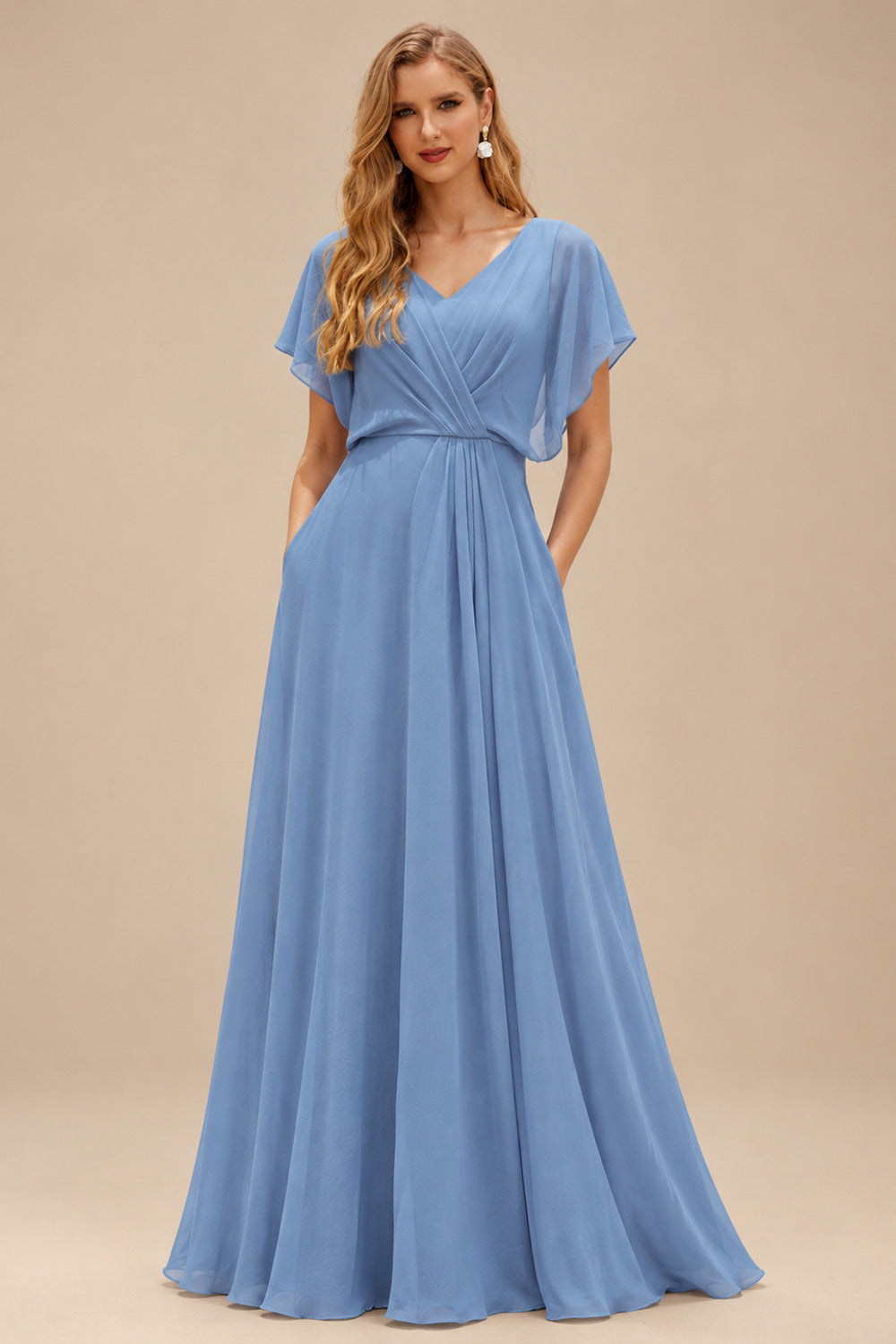Rutipo Dusty Blue A-line One-Shoulder Velvet Sequins Floor-Length Prom Dress with Pockets