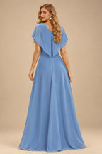 Rutipo Dusty Blue A-line One-Shoulder Velvet Sequins Floor-Length Prom Dress with Pockets