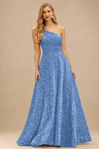 Rutipo Dusty Blue A-line One-Shoulder Velvet Sequins Floor-Length Prom Dress with Pockets