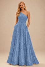 Rutipo Dusty Blue A-line One-Shoulder Velvet Sequins Floor-Length Prom Dress with Pockets