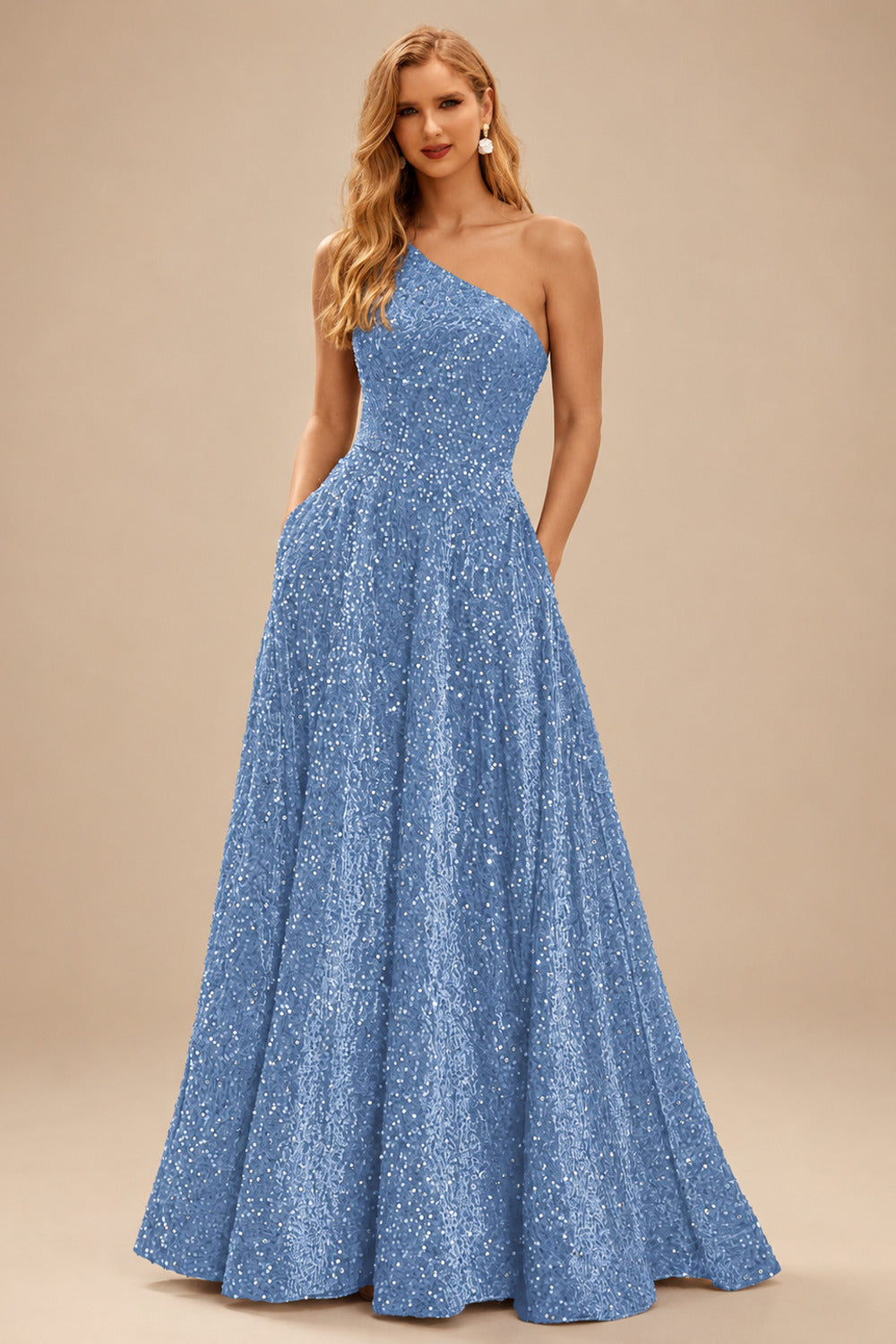 Rutipo Dusty Blue A-line One-Shoulder Velvet Sequins Floor-Length Prom Dress with Pockets