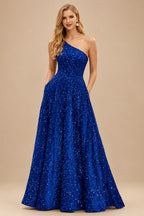 Rutipo Royal Blue A-line One-Shoulder Velvet Sequins Floor-Length Prom Dress with Pockets