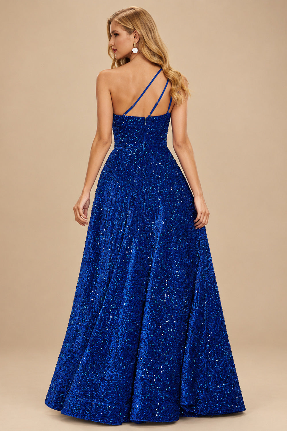 Rutipo Royal Blue A-line One-Shoulder Velvet Sequins Floor-Length Prom Dress with Pockets