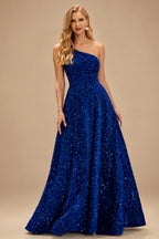 Rutipo Royal Blue A-line One-Shoulder Velvet Sequins Floor-Length Prom Dress with Pockets