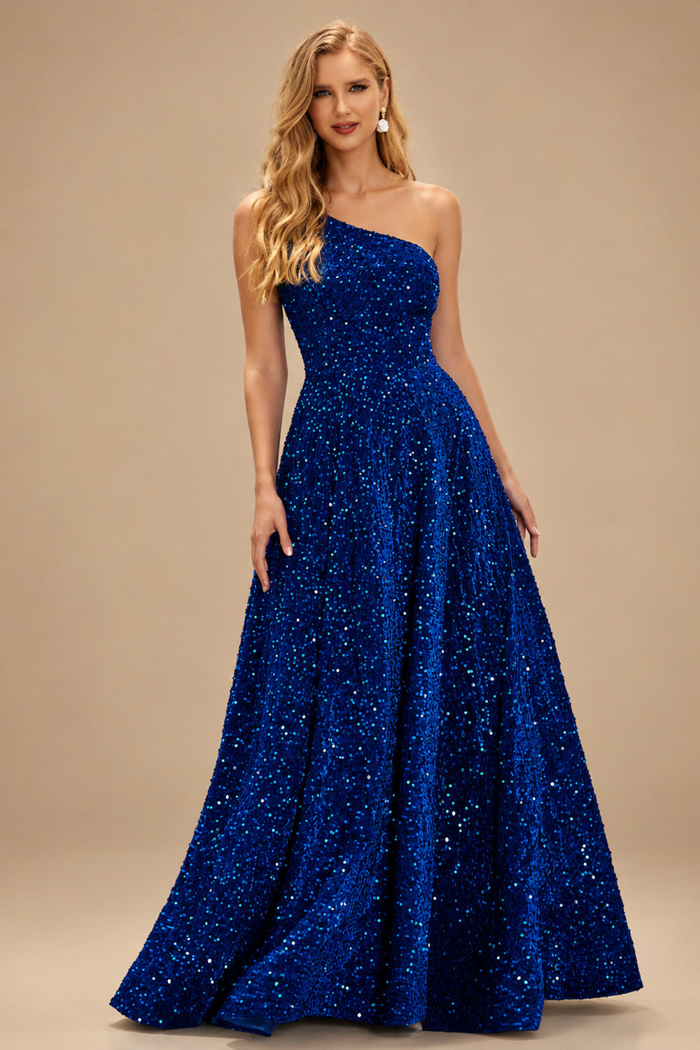 Rutipo Royal Blue A-line One-Shoulder Velvet Sequins Floor-Length Prom Dress with Pockets