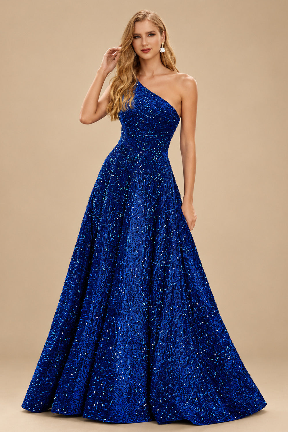 Rutipo Royal Blue A-line One-Shoulder Velvet Sequins Floor-Length Prom Dress with Pockets