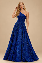 Rutipo Royal Blue A-line One-Shoulder Velvet Sequins Floor-Length Prom Dress with Pockets