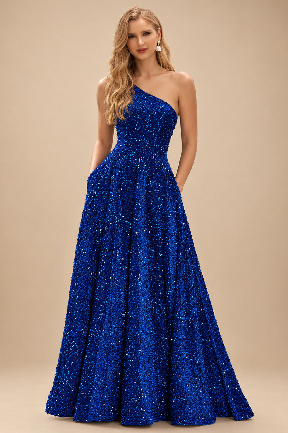 Rutipo Royal Blue A-line One-Shoulder Velvet Sequins Floor-Length Prom Dress with Pockets