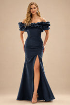 Rutipo Dark Navy Fitted Ruffled Off-the-Shoulder Cap Sleeves Satin Slit Long Prom Dress