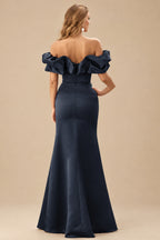 Rutipo Dark Navy Fitted Ruffled Off-the-Shoulder Cap Sleeves Satin Slit Long Prom Dress