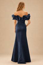Rutipo Dark Navy Fitted Ruffled Off-the-Shoulder Cap Sleeves Satin Slit Long Prom Dress
