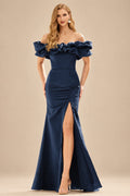 Rutipo Dark Navy Fitted Ruffled Off-the-Shoulder Cap Sleeves Satin Slit Long Prom Dress
