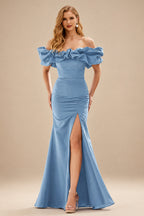 Rutipo Dusty Blue Fitted Ruffled Off-the-Shoulder Cap Sleeves Satin Slit Long Prom Dress