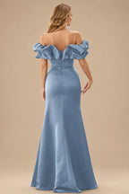 Rutipo Dusty Blue Fitted Ruffled Off-the-Shoulder Cap Sleeves Satin Slit Long Prom Dress