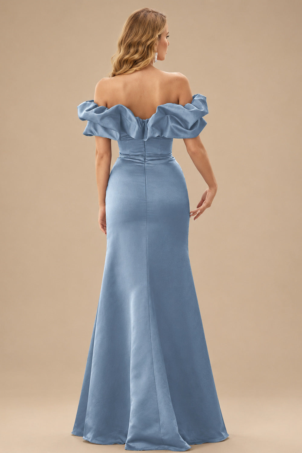 Rutipo Dusty Blue Fitted Ruffled Off-the-Shoulder Cap Sleeves Satin Slit Long Prom Dress