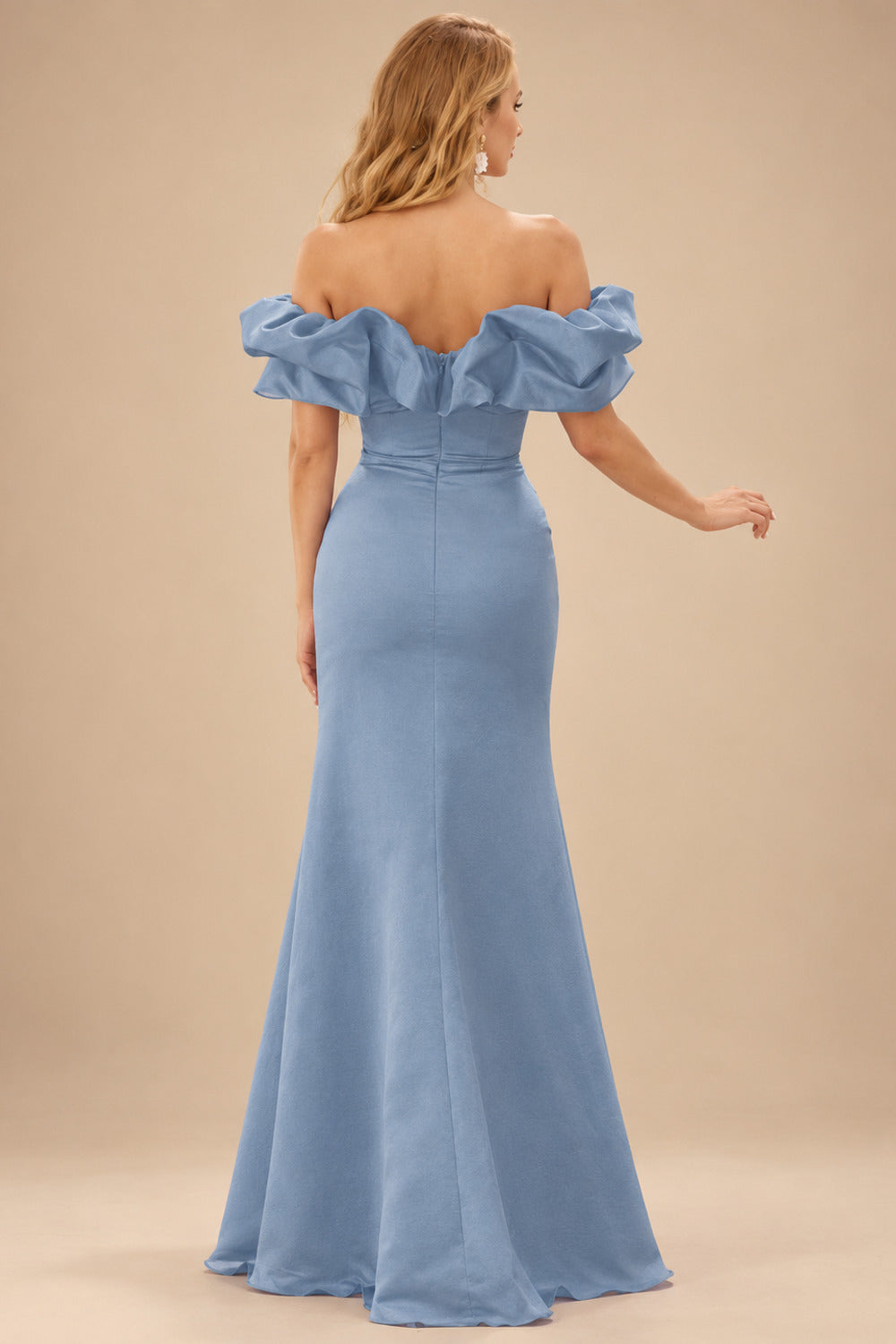 Rutipo Dusty Blue Fitted Ruffled Off-the-Shoulder Cap Sleeves Satin Slit Long Prom Dress