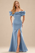Rutipo Dusty Blue Fitted Ruffled Off-the-Shoulder Cap Sleeves Satin Slit Long Prom Dress