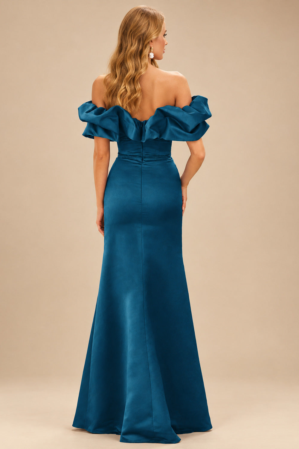Rutipo Ink Blue Fitted Ruffled Off-the-Shoulder Cap Sleeves Satin Slit Long Prom Dress