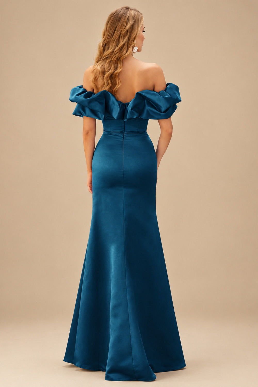 Rutipo Ink Blue Fitted Ruffled Off-the-Shoulder Cap Sleeves Satin Slit Long Prom Dress