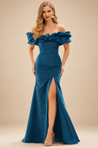 Rutipo Ink Blue Fitted Ruffled Off-the-Shoulder Cap Sleeves Satin Slit Long Prom Dress