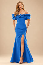Rutipo Ocean Blue Fitted Ruffled Off-the-Shoulder Cap Sleeves Satin Slit Long Prom Dress