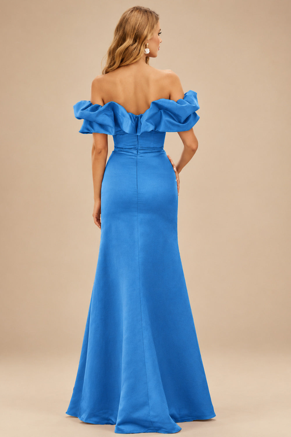 Rutipo Ocean Blue Fitted Ruffled Off-the-Shoulder Cap Sleeves Satin Slit Long Prom Dress