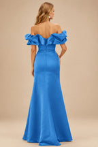 Rutipo Ocean Blue Fitted Ruffled Off-the-Shoulder Cap Sleeves Satin Slit Long Prom Dress