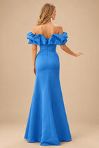 Rutipo Ocean Blue Fitted Ruffled Off-the-Shoulder Cap Sleeves Satin Slit Long Prom Dress