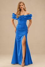 Rutipo Ocean Blue Fitted Ruffled Off-the-Shoulder Cap Sleeves Satin Slit Long Prom Dress