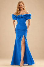 Rutipo Ocean Blue Fitted Ruffled Off-the-Shoulder Cap Sleeves Satin Slit Long Prom Dress