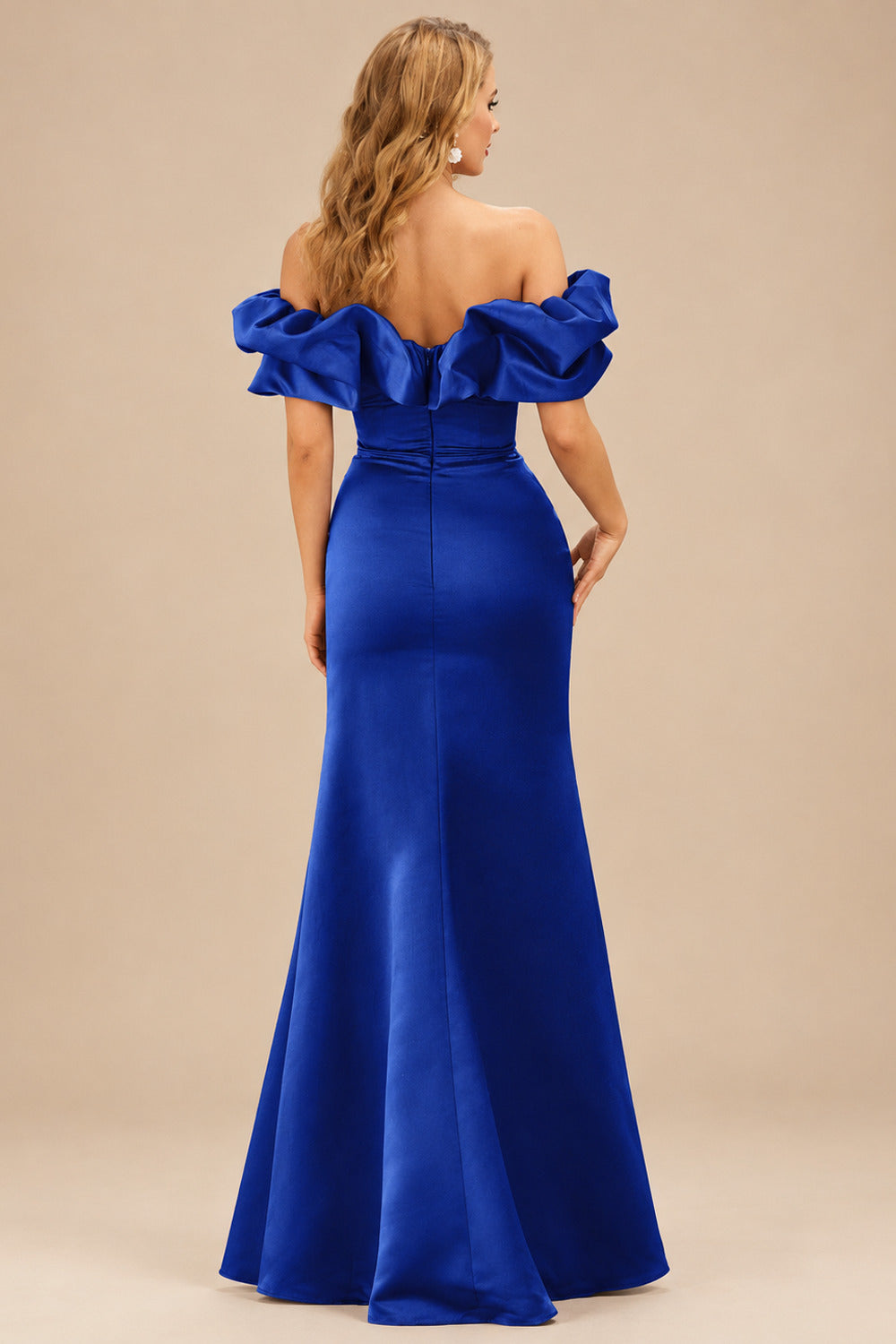 Rutipo Royal Blue Fitted Ruffled Off-the-Shoulder Cap Sleeves Satin Slit Long Prom Dress