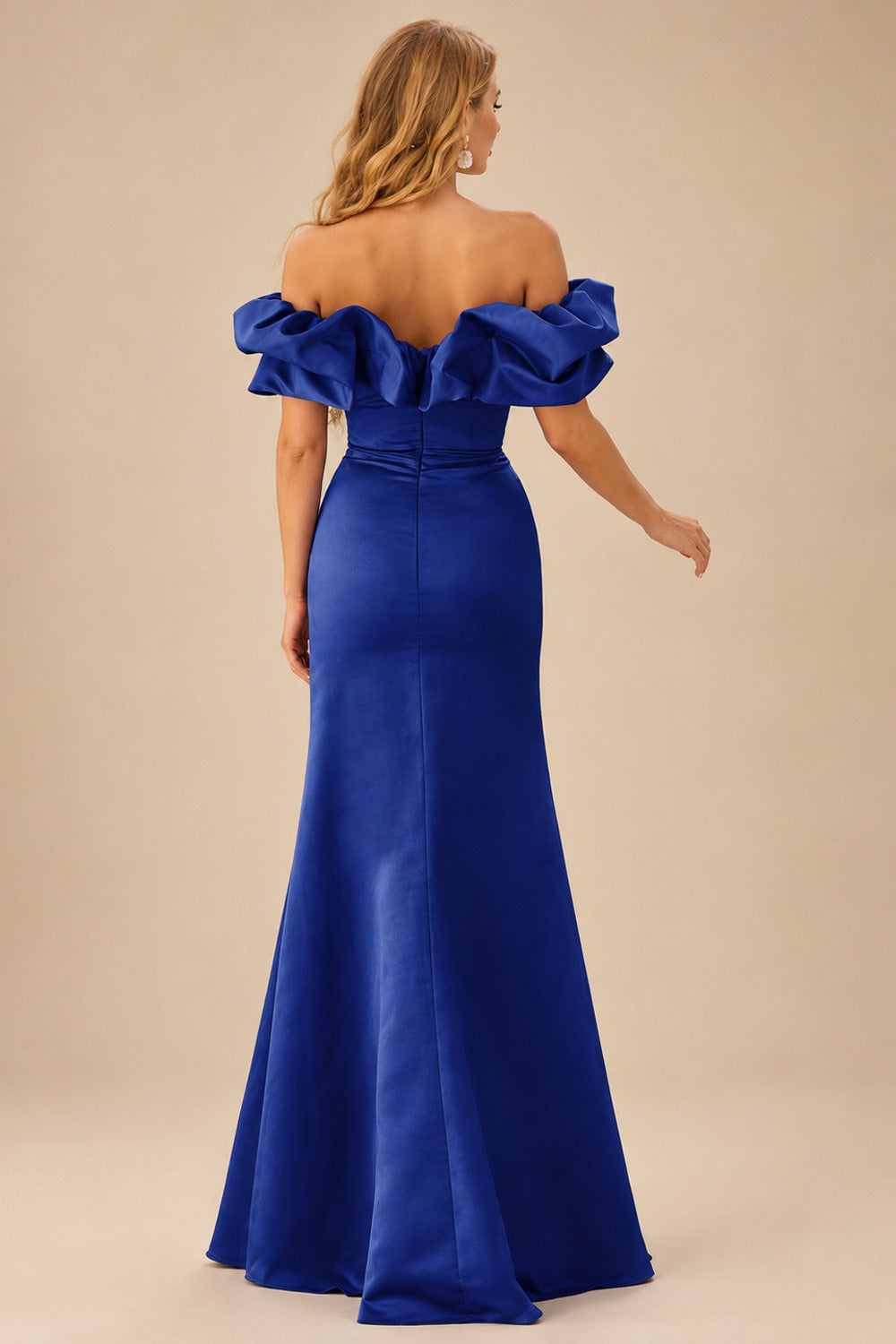 Rutipo Royal Blue Fitted Ruffled Off-the-Shoulder Cap Sleeves Satin Slit Long Prom Dress