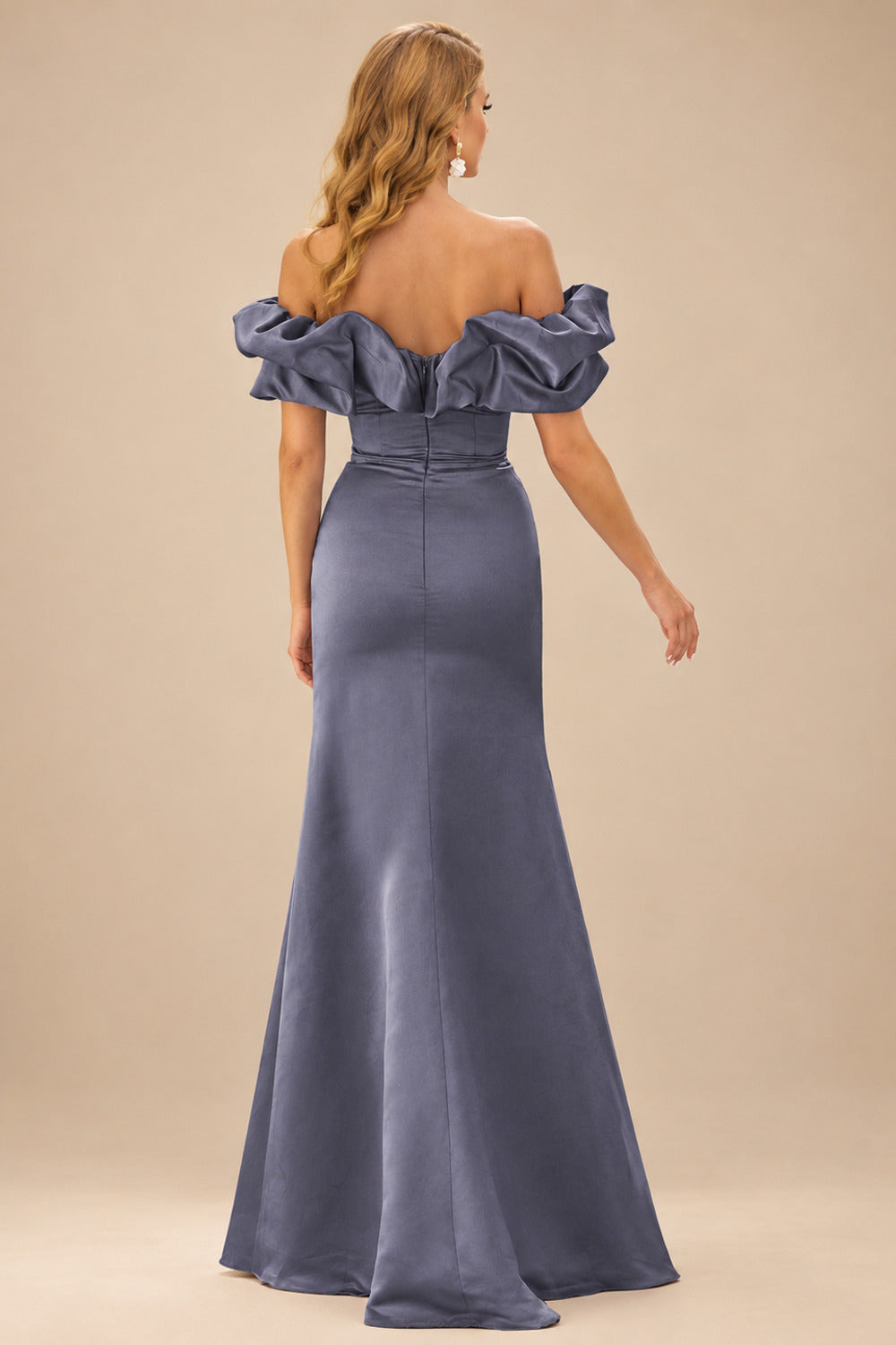Rutipo Stormy Fitted Ruffled Off-the-Shoulder Cap Sleeves Satin Slit Long Prom Dress