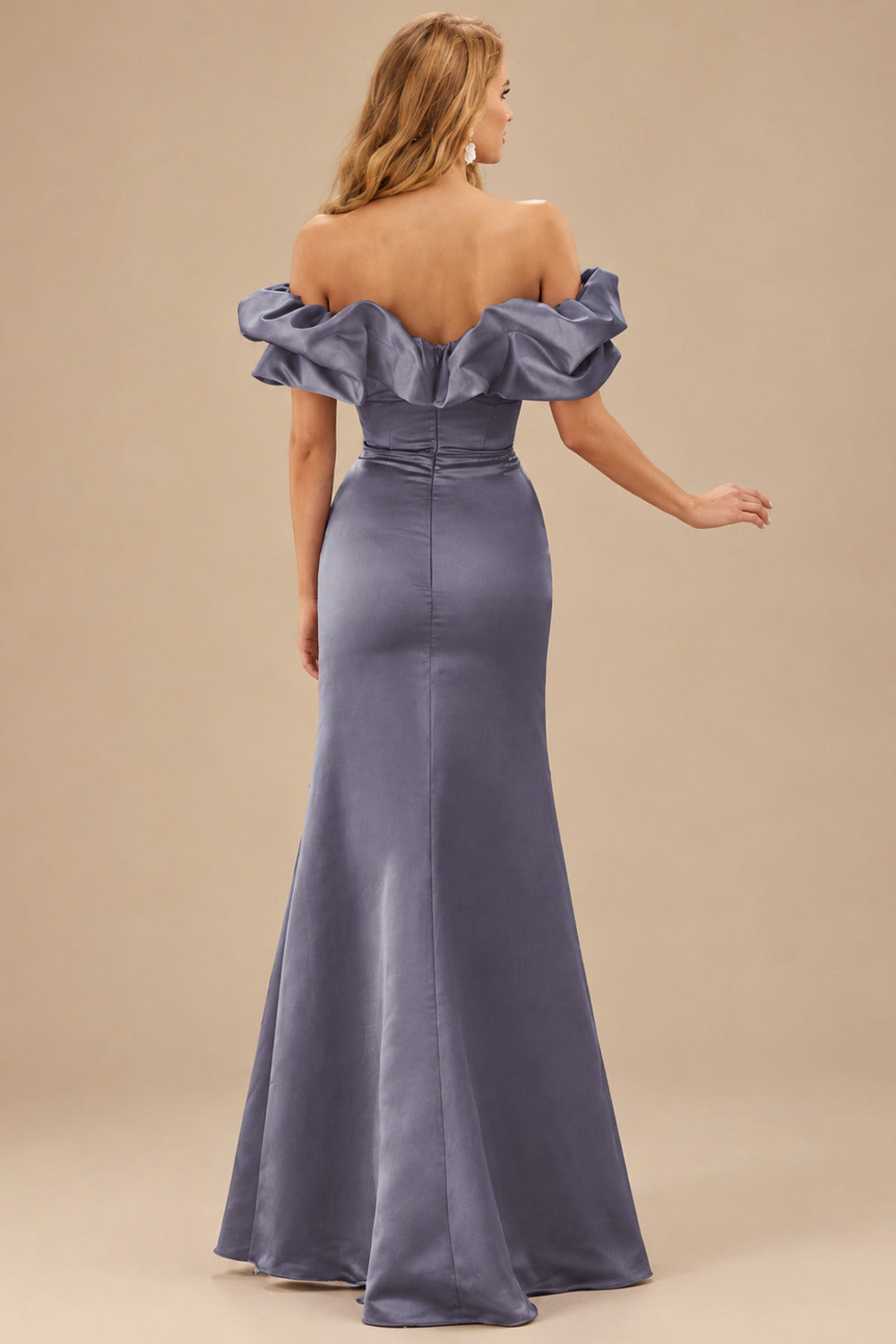 Rutipo Stormy Fitted Ruffled Off-the-Shoulder Cap Sleeves Satin Slit Long Prom Dress