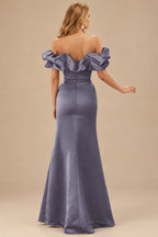 Rutipo Stormy Fitted Ruffled Off-the-Shoulder Cap Sleeves Satin Slit Long Prom Dress