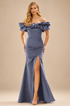 Rutipo Stormy Fitted Ruffled Off-the-Shoulder Cap Sleeves Satin Slit Long Prom Dress