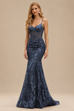 Rutipo Dark Navy Mermaid V Neck Sheer-Corset Long Glitter-Print Prom Dress