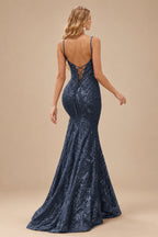 Rutipo Dark Navy Mermaid V Neck Sheer-Corset Long Glitter-Print Prom Dress