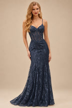 Rutipo Dark Navy Mermaid V Neck Sheer-Corset Long Glitter-Print Prom Dress