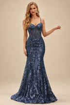 Rutipo Dark Navy Mermaid V Neck Sheer-Corset Long Glitter-Print Prom Dress