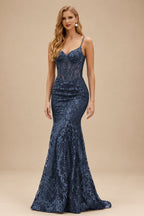 Rutipo Dark Navy Mermaid V Neck Sheer-Corset Long Glitter-Print Prom Dress