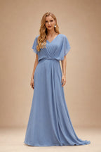 Rutipo Dusty Blue Mermaid V Neck Sheer-Corset Long Glitter-Print Prom Dress