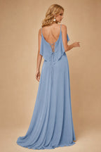 Rutipo Dusty Blue Mermaid V Neck Sheer-Corset Long Glitter-Print Prom Dress