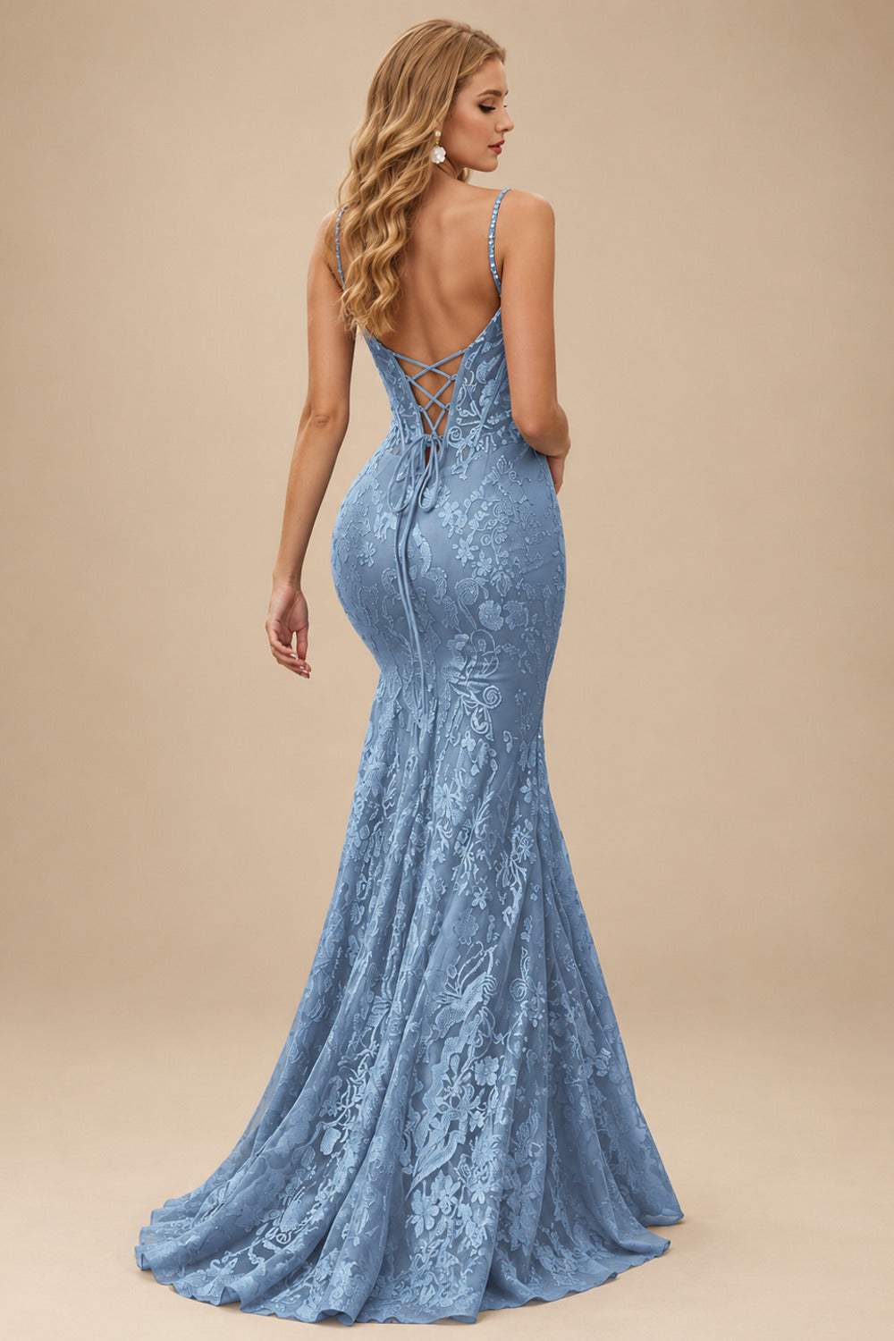 Rutipo Dusty Blue Mermaid V Neck Sheer-Corset Long Glitter-Print Prom Dress