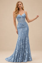 Rutipo Dusty Blue Mermaid V Neck Sheer-Corset Long Glitter-Print Prom Dress