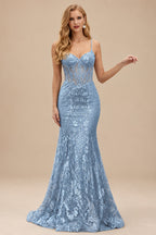 Rutipo Dusty Blue Mermaid V Neck Sheer-Corset Long Glitter-Print Prom Dress