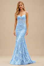 Rutipo Light Blue Mermaid V Neck Sheer-Corset Long Glitter-Print Prom Dress