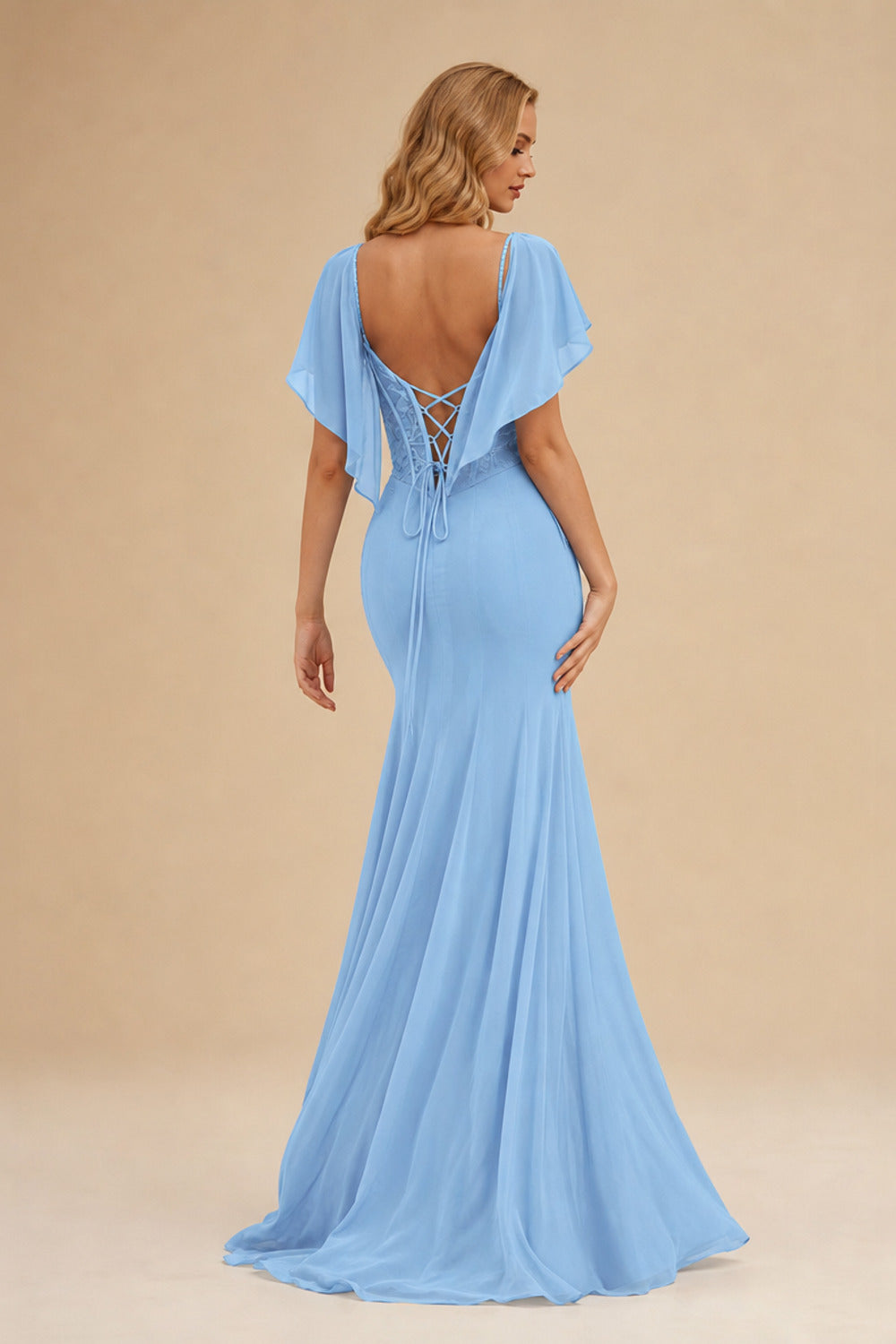 Rutipo Light Blue Mermaid V Neck Sheer-Corset Long Glitter-Print Prom Dress