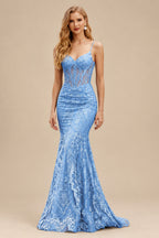 Rutipo Sky Blue Mermaid V Neck Sheer-Corset Long Glitter-Print Prom Dress
